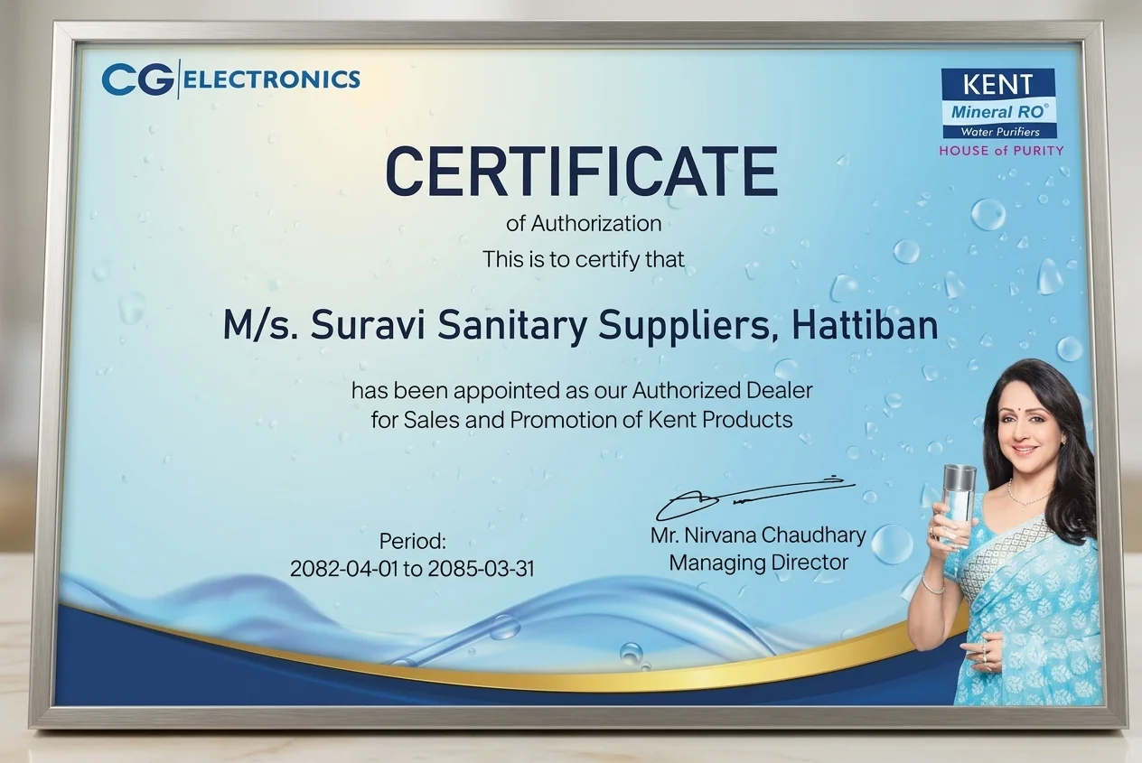 Official Certificate of Authorization for Suravi Sanitary Suppliers as Authorized KENT RO Dealer