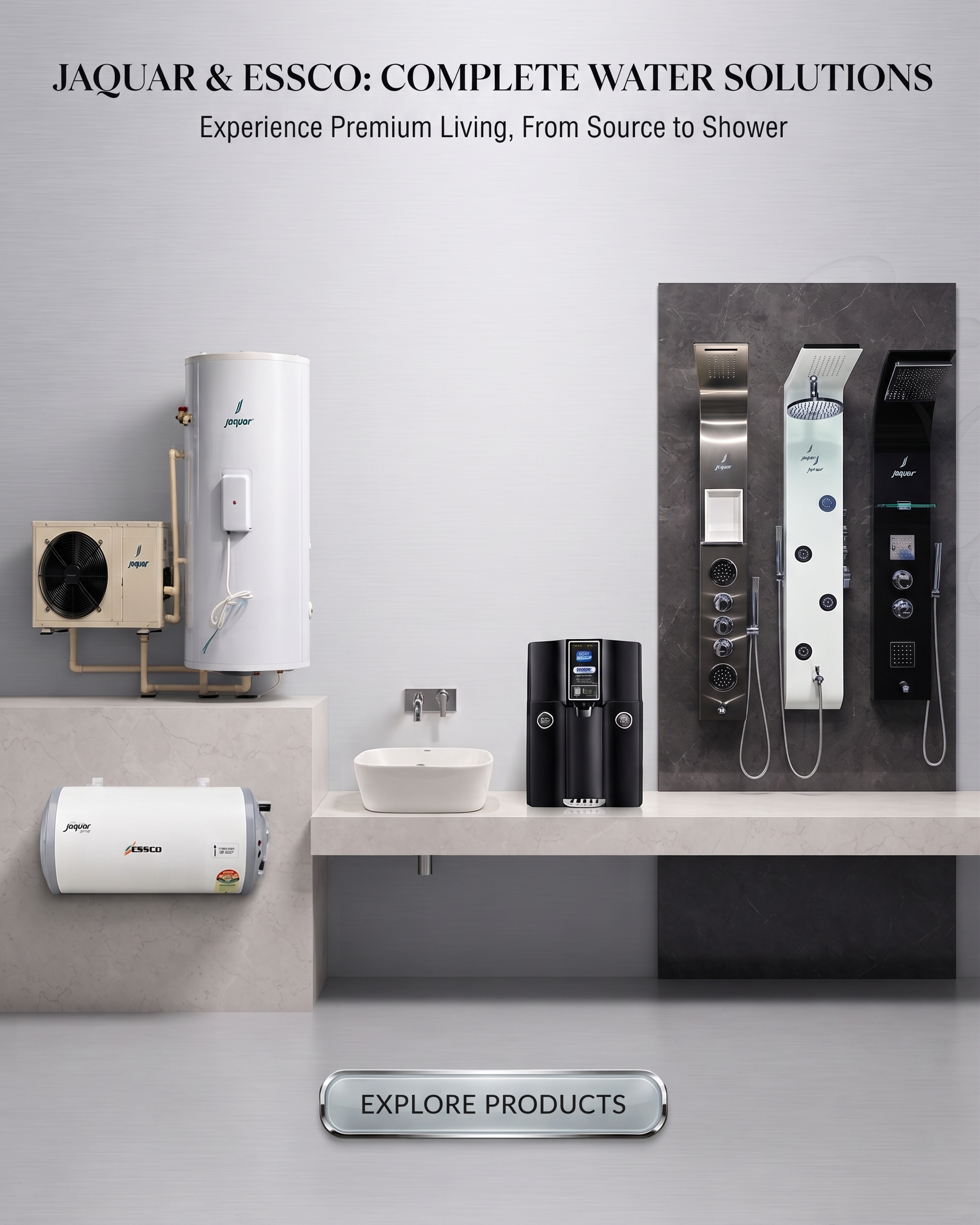 Jaquar and Essco water heaters, RO purifier, wash basin, and shower panels on display